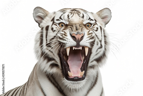 A white tiger with its mouth wide open isolated on a white background. Generative AI © zaschnaus