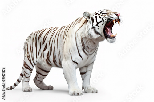 Full view of a white tiger with mouth wide open, side view, isolated on white background. Generative AI