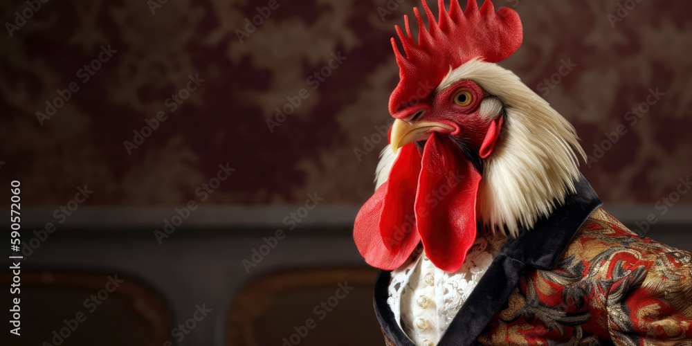 rooster dressed as a matador, copyspace, room for text (Generative AI)