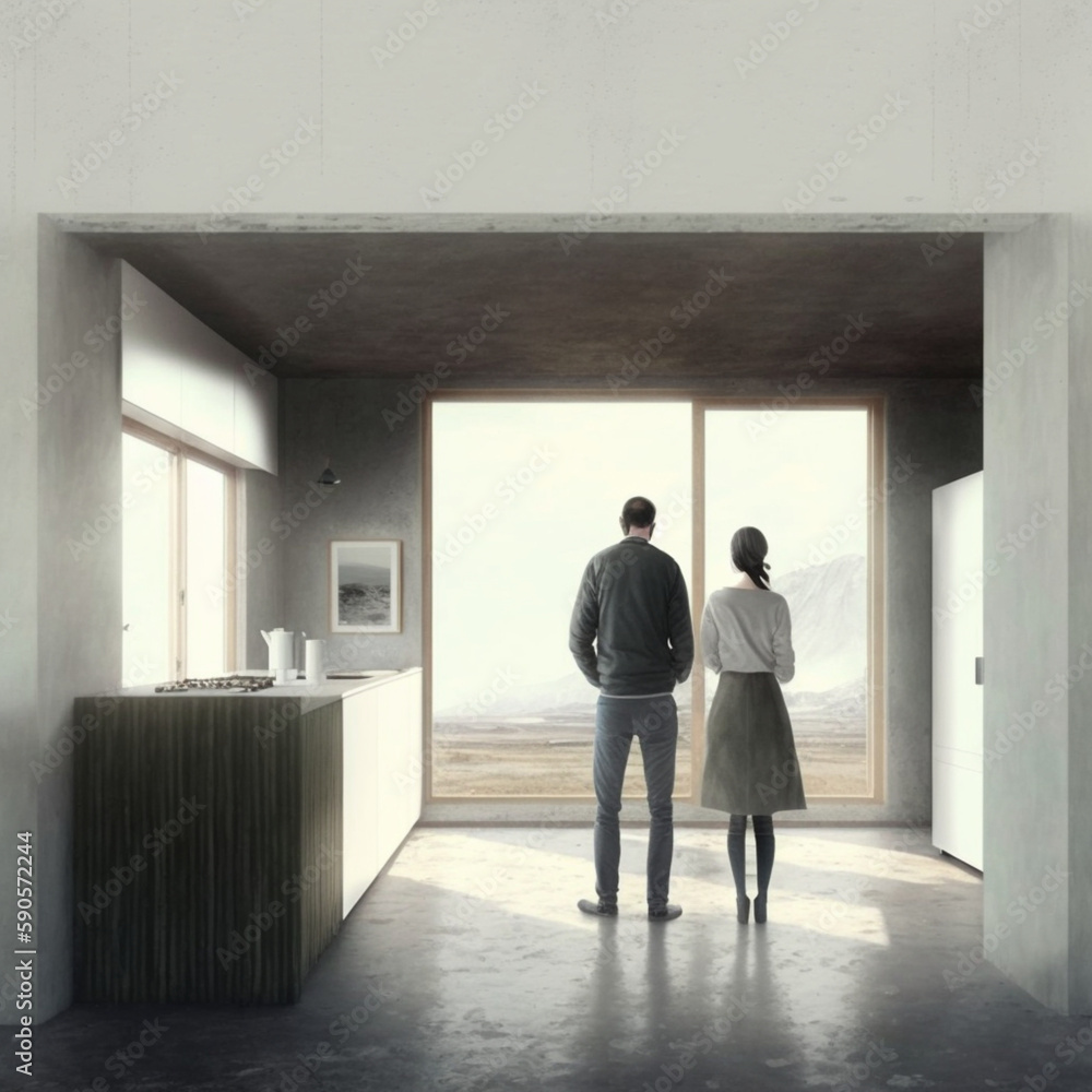 Couple in their new unfurnished house. Generative AI.