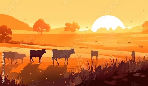 Cows grazing on a farm with sunlight, farm landscape illustration with generative ai