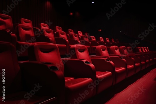 Red seats in a cinema. Generative AI.