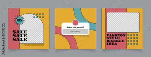 social media template banner fashion sale promotion in retro colorful color. fully editable instagram and facebook square post frame puzzle organic sale poster