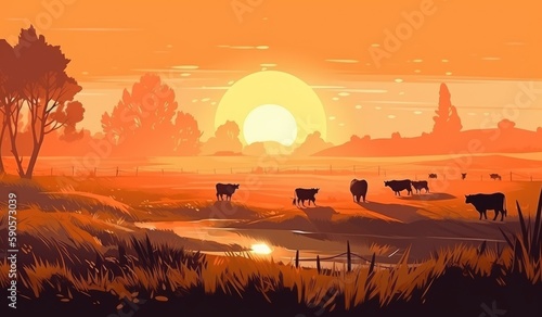 Cows grazing on a farm with sunlight, farm landscape illustration with generative ai