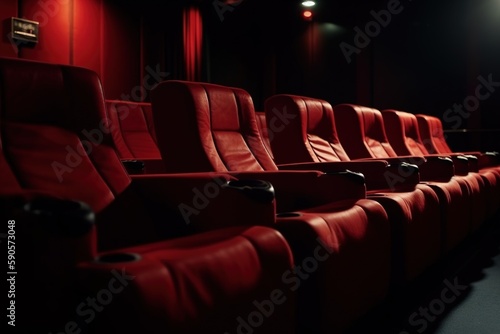 Red seats in a cinema. Generative AI.