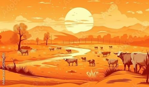 Cows grazing on a farm with sunlight, farm landscape illustration with generative ai