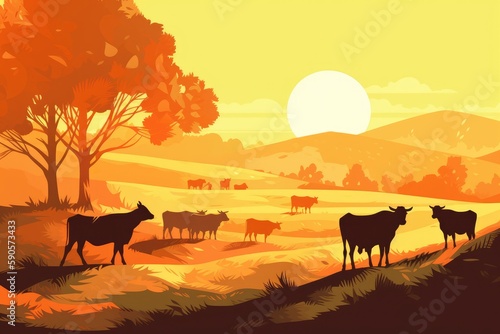 Cows grazing on a farm with sunlight  farm landscape illustration with generative ai