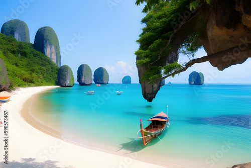 thailand ocean landscape. Exotic beach view and traditional ship © Floor