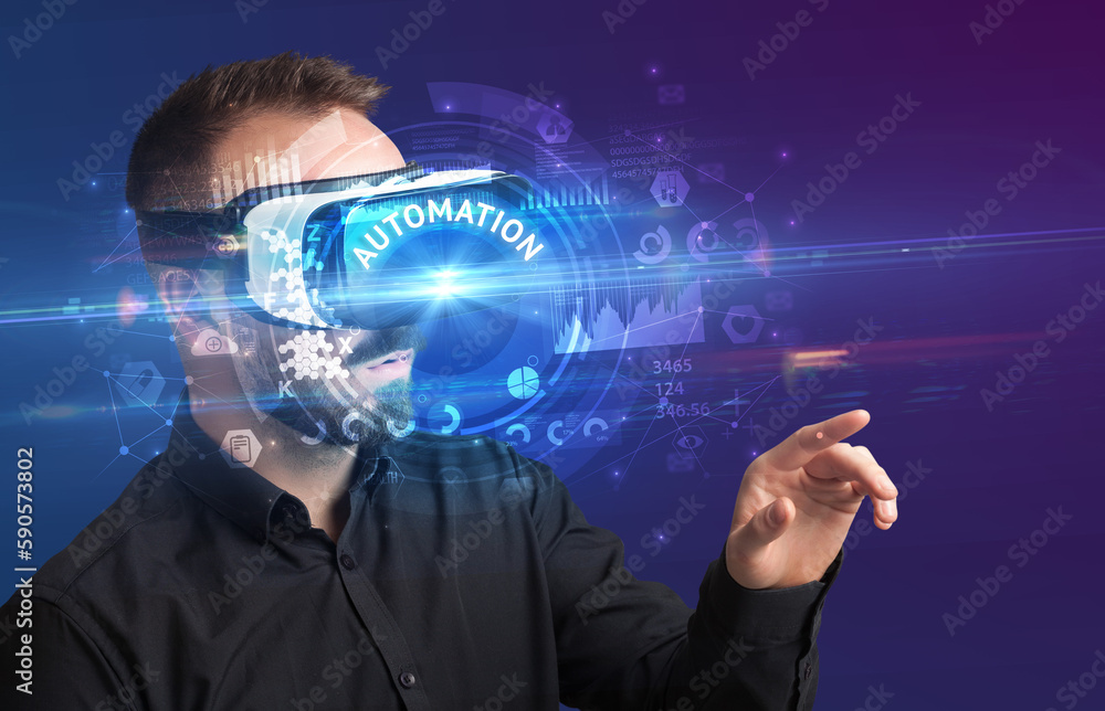Businessman looking through VR glasses Businessman looking through VR glasses