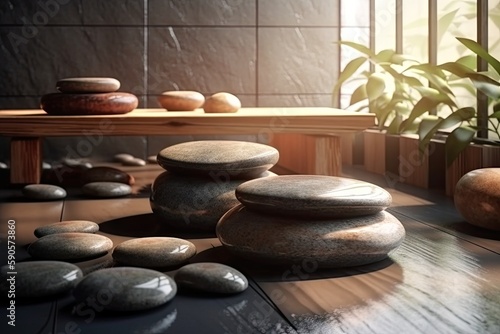 table decorated with various stones and a small plant in a pot. Generative AI