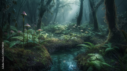 A magical enchanted dark forest with mushrooms, generative ai © TheGoldTiger