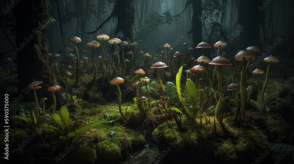 Obraz premium A magical enchanted dark forest with mushrooms, generative ai
