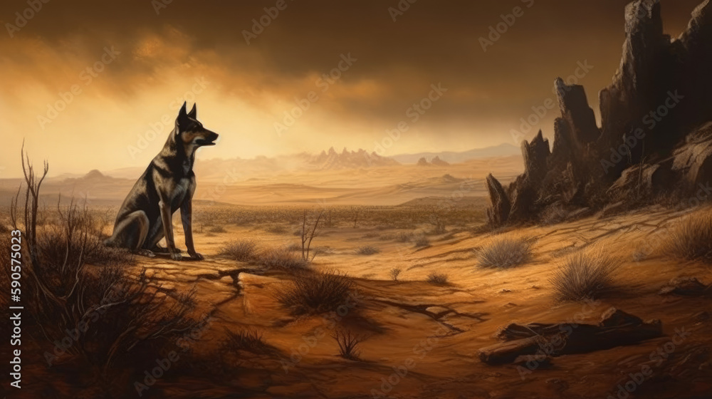 Dog in the desert with orange sky and clouds, generative ai