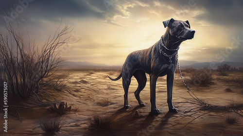 Dog in the desert with orange sky and clouds, generative ai