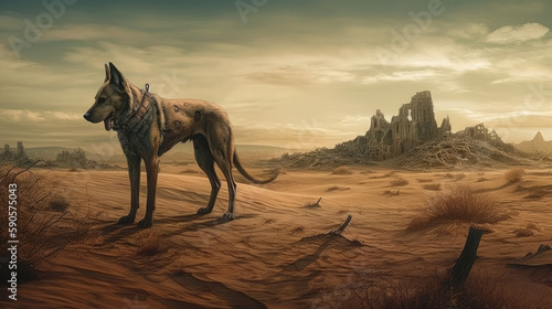 Dog in the desert with orange sky and clouds  generative ai