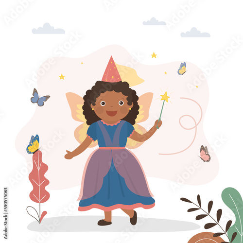 Pretty little girl playing fairy with wings and magic stick. African american girl wearing fairy costume. Happy kid princess. Childhood, imagination, kids games. © Marina