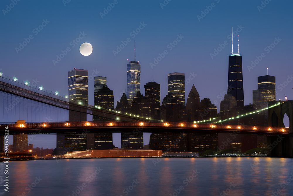 New York Beautiful Dusk with moon. Photo From Dumbo Brooklyn.