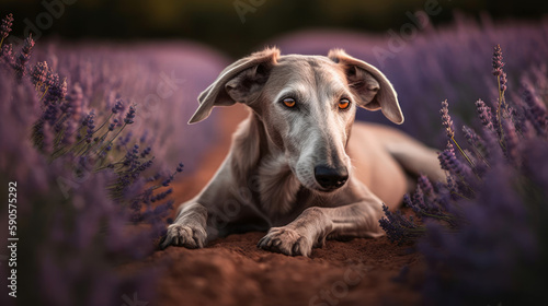 Valokuva Indian sighthound in levandula field, dog in purple flowers, generative ai