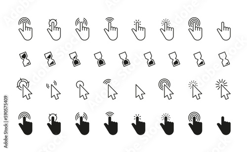 Black cursor icons. Interface mouse click pointers flat style, simple finger pointers computer arrow silhouettes swipe touch web buttons. Vector isolated set. Connection or loading animation