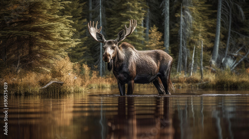 Big and majestatic elk standing in a river on Alaska, generative ai © TheGoldTiger