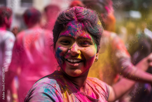 Young girl with colorful powder on her happy face during holi celebration. generative AI