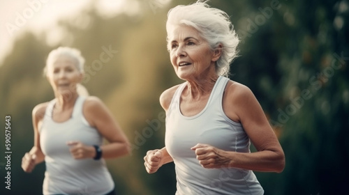 Senior citizen woman running outside for active lifestyle with fitness and health. generative AI