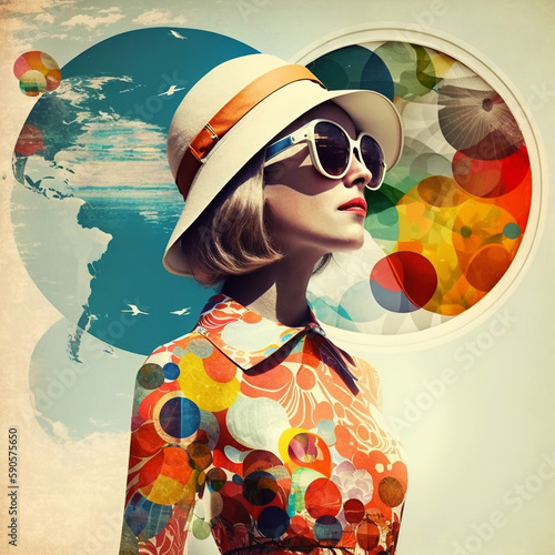 Collage of woman wearing cute hat and sunglasses. Travel concept with colorful, vintage patterns and design. Sense of adventure and wanderlust. generative AI