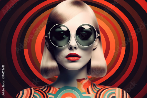 Artistic composite featuring pretty blonde woman with 1960s retro or vintage vibe. generative AI photo