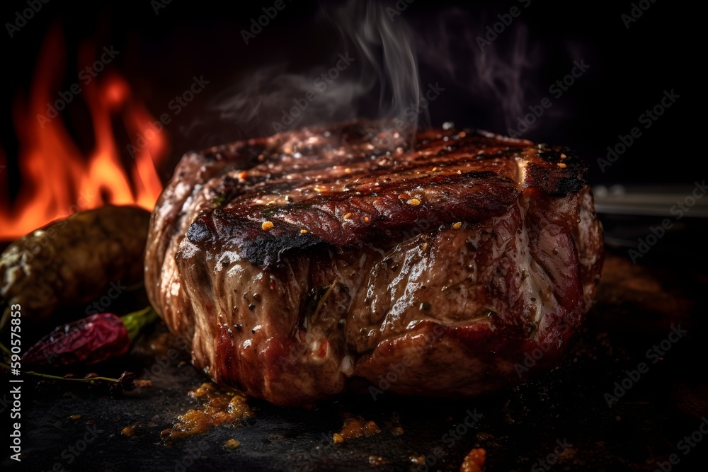 A delicious, juicy Ribeye steak grilling with flames in the background and seasoning on top. Generative AI. A delicious, juicy Ribeye steak grilling with flames in the background and seasoning on top. Generative AI.