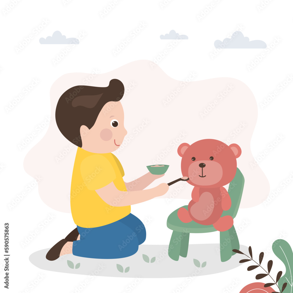 Little boy is playing with toy. Child feeds teddy bear. Imagination, funny game with soft toy animal. Cute male character, happy childhood, learning. Little boy is playing with toy. Child feeds teddy bear. Imagination, funny game with soft toy animal. Cute male character, happy childhood, learning.