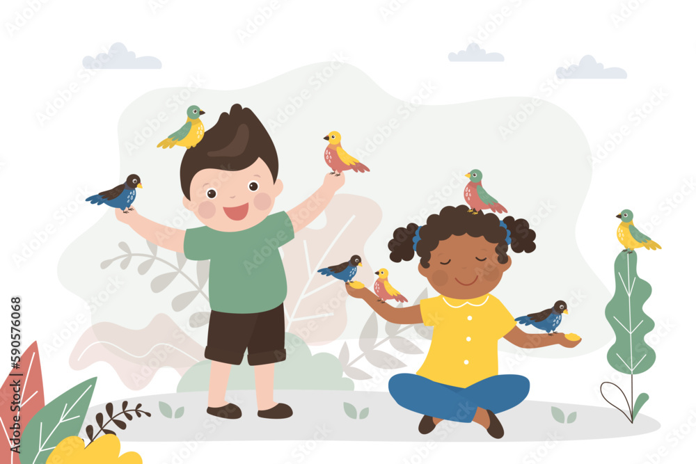 Multiethnic boy and girl feeds birds. Various birds perched on hands and head preschool children. Delicious and healthy food for pets or wild animals Multiethnic boy and girl feeds birds. Various birds perched on hands and head preschool children. Delicious and healthy food for pets or wild animals