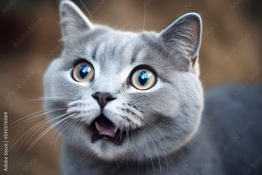 Surprised british cat with open mouth, close up view. Generative AI.