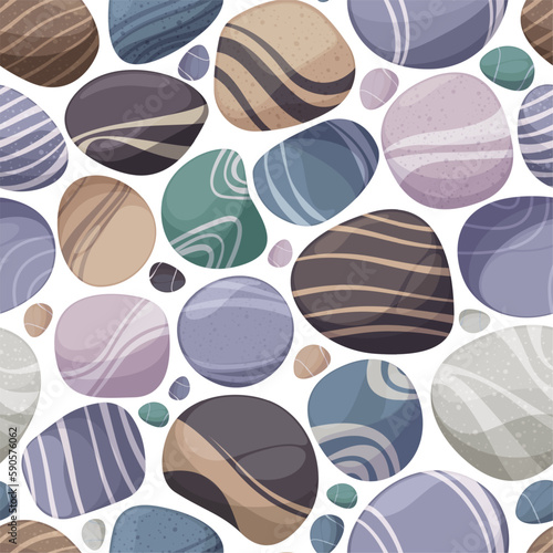 Sea pebble pattern. Flat and smooth rounded stones repeating background, ocean and beach themed design element, under the sea decoration element. Vector texture. Beach with different cobblestones