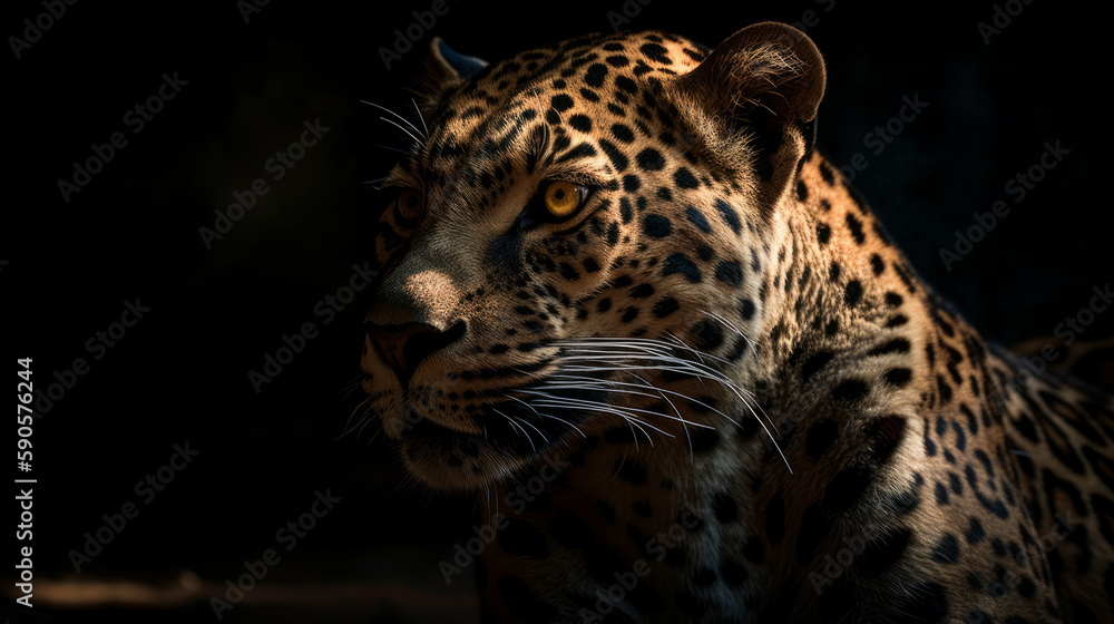 Big cat portrait with dramatic dark lighting and black background, generative ai Big cat portrait with dramatic dark lighting and black background, generative ai