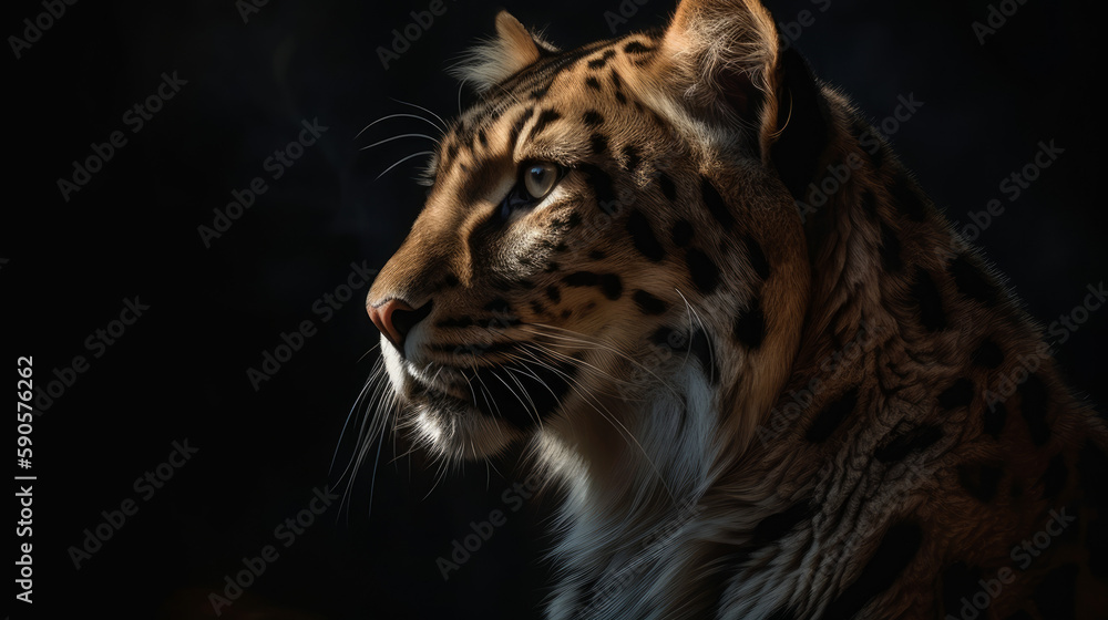 Obraz premium Big cat portrait with dramatic dark lighting and black background, generative ai