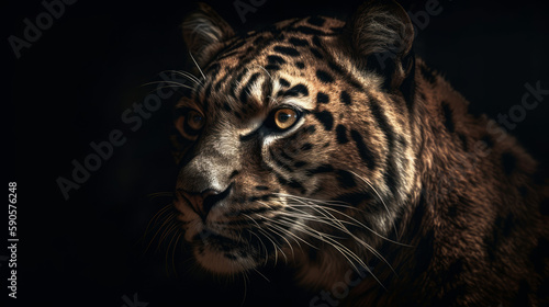 Big cat portrait with dramatic dark lighting and black background  generative ai