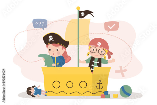 Funny girls playing pirates. Cute children sitting in cardboard box like in pirate ship. Preschooler girls dressed as pirates. Little sailors, kids game, imagination