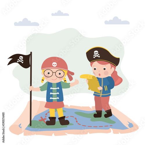 Funny girls are playing pirates. Cute children standing on map and treasures hunt. Preschooler girls dressed as pirates. Little sailors, kids game, imagination.