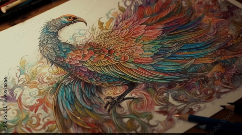 Obraz premium Color pheonix manuscript tatoo, generative ai