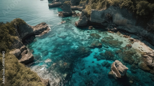 Coastline with azure sea from above, generative ai