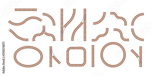 Railway parts. Straight track and curved rail, train frame and railway line flat style, transportation transport route infrastructure elements. Vector set. Metal paths for traveling by train