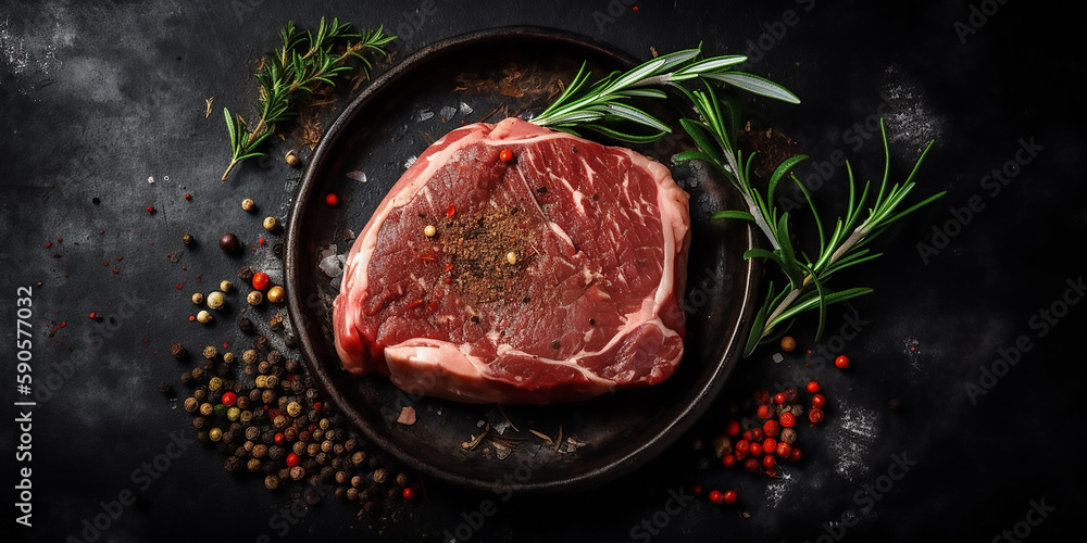 Raw Beef Meat with Seasonings and Spices: Close-up View Raw Beef Meat with Seasonings and Spices: Close-up View
