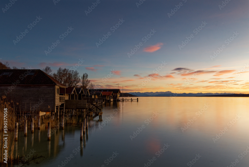 Starnberger See, Bootsschuppen, Percha, Sonnenuntergang