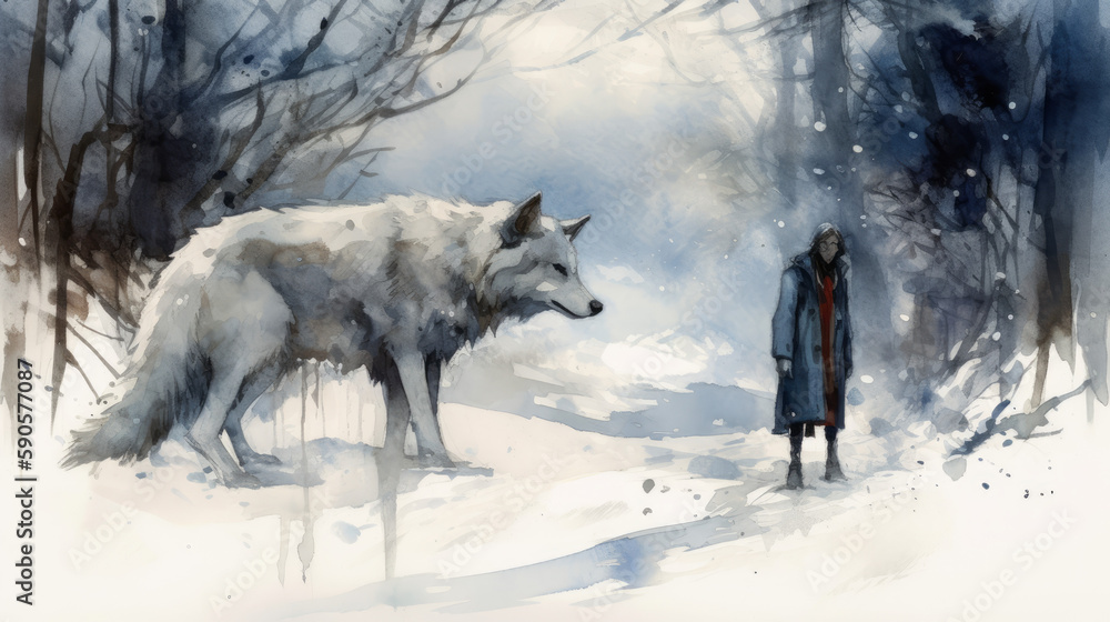 Dark fantasygiant white wolf painted by watercolors, generative ai Dark fantasygiant white wolf painted by watercolors, generative ai