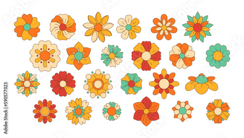 Linear hippie flowers. Doodle groovy flower icons, sixties flower power symbols, abstract outline colorful flower symbols. Vector collection. Different floral elements, vivid blossom isolated set