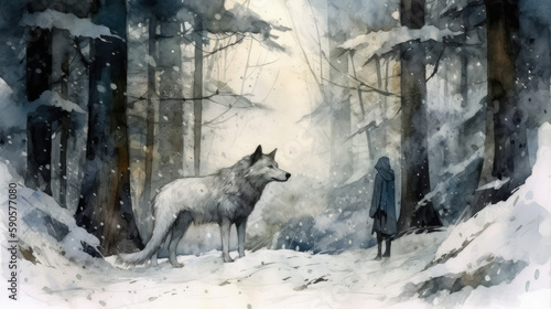 Dark fantasygiant white wolf painted by watercolors  generative ai