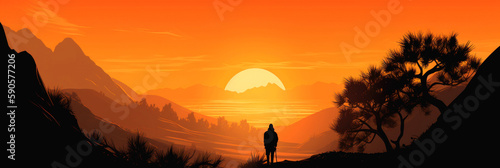 Minimalistic illustration of a man standing and looking out at the rising sun - Generative AI