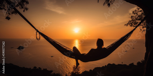 Woman resting in a hammock at the hill near the sea at sunset - Generative AI photo