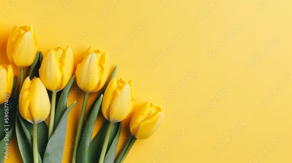 Empty clean solid bright background with fresh yellow tulip, generative ai