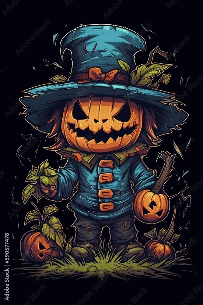 cute cartoon scarecrow Halloween. Illustration of a Scarecrow. can be used for t-shirt graphics, print. Vector illustration. Generative Ai.
